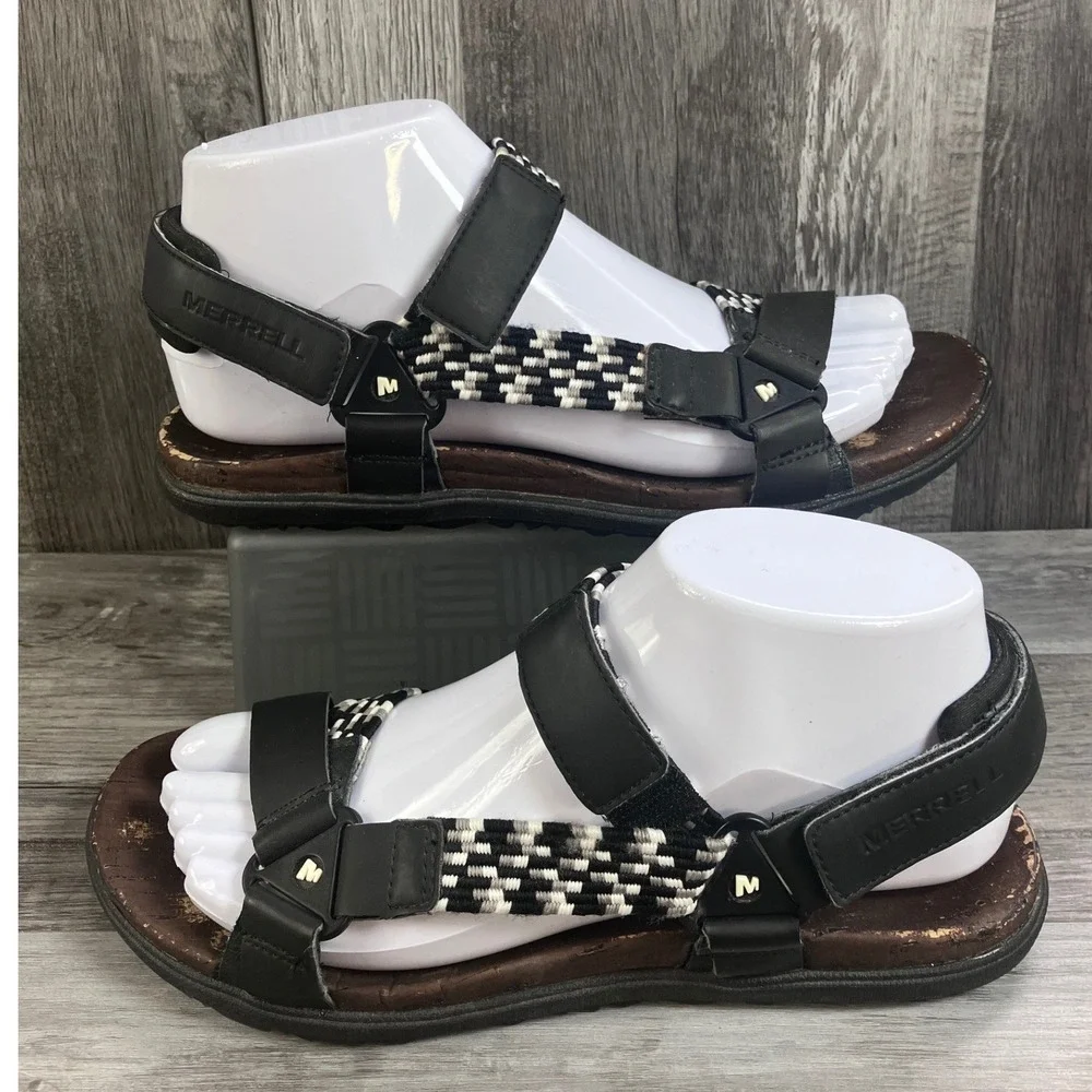 Merrell Womens Black White Checkered Leather Strappy Sandals J94148 Size 7